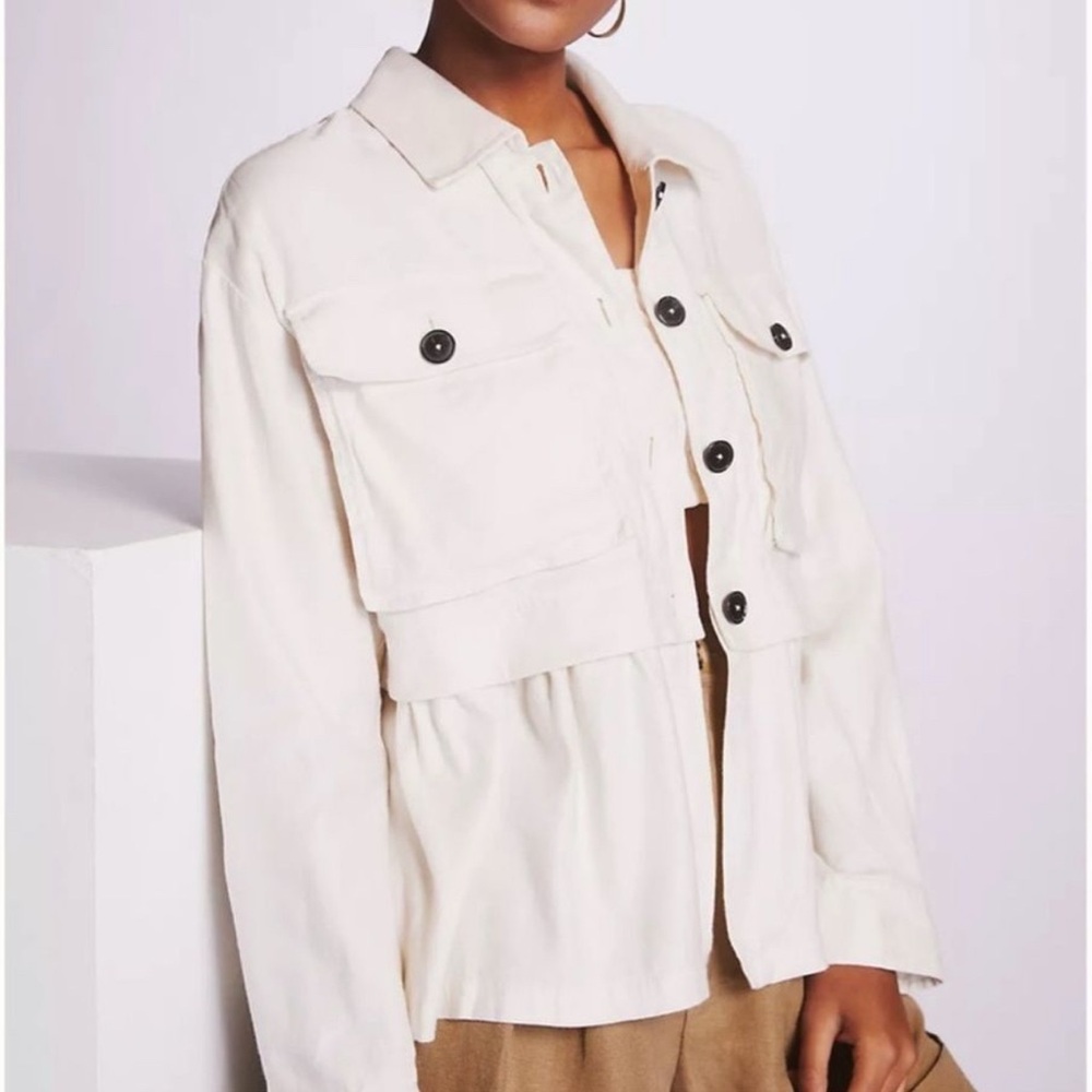 Anthropologie Maeve Flounced Utility Shirt Jacket Cream Creme Ivory Shacket